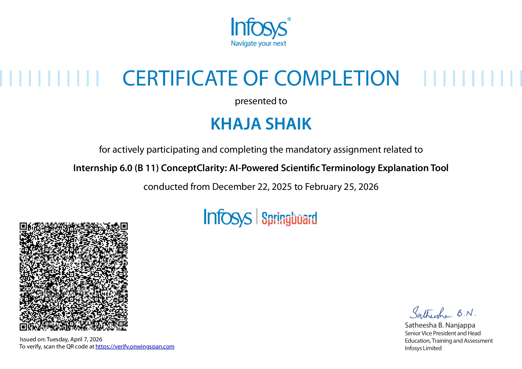 Infosys Springboard Internship Certificate